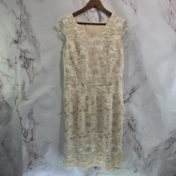 Eshakti Dress Womens Small Midi Lace Gold Cream Sheath Sleeveless Bodycon - Picture 1 of 12